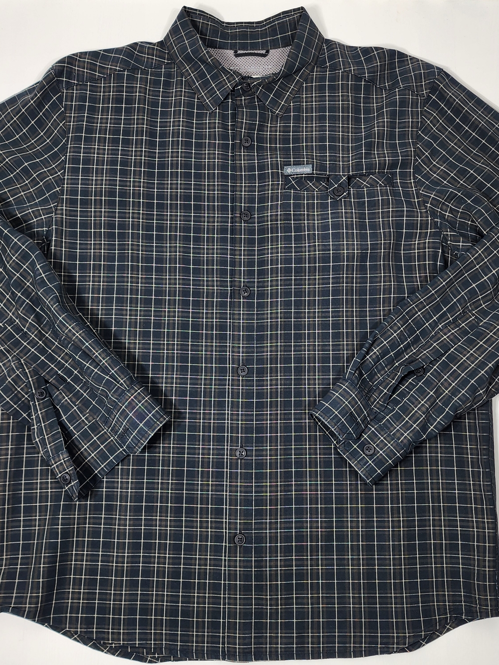 Columbia Men's Navy and White Plaid Button-Down Shirt